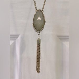 Goldtone Long Necklace w/Gray-Green Stone, CZ Accent Stones and Tassel